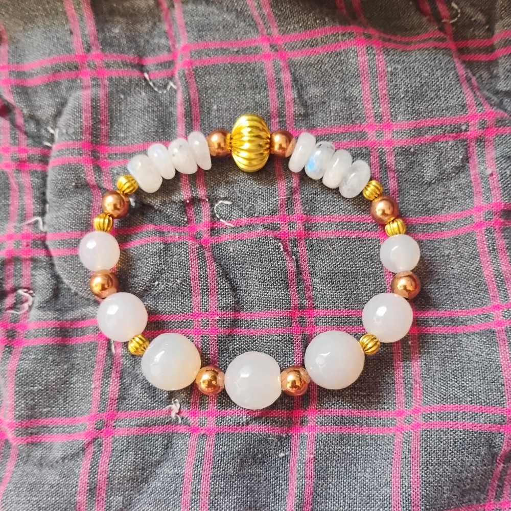 Milky Agate And Rainbow Moonstone Two Tone Bracelet - Picture 3 of 6